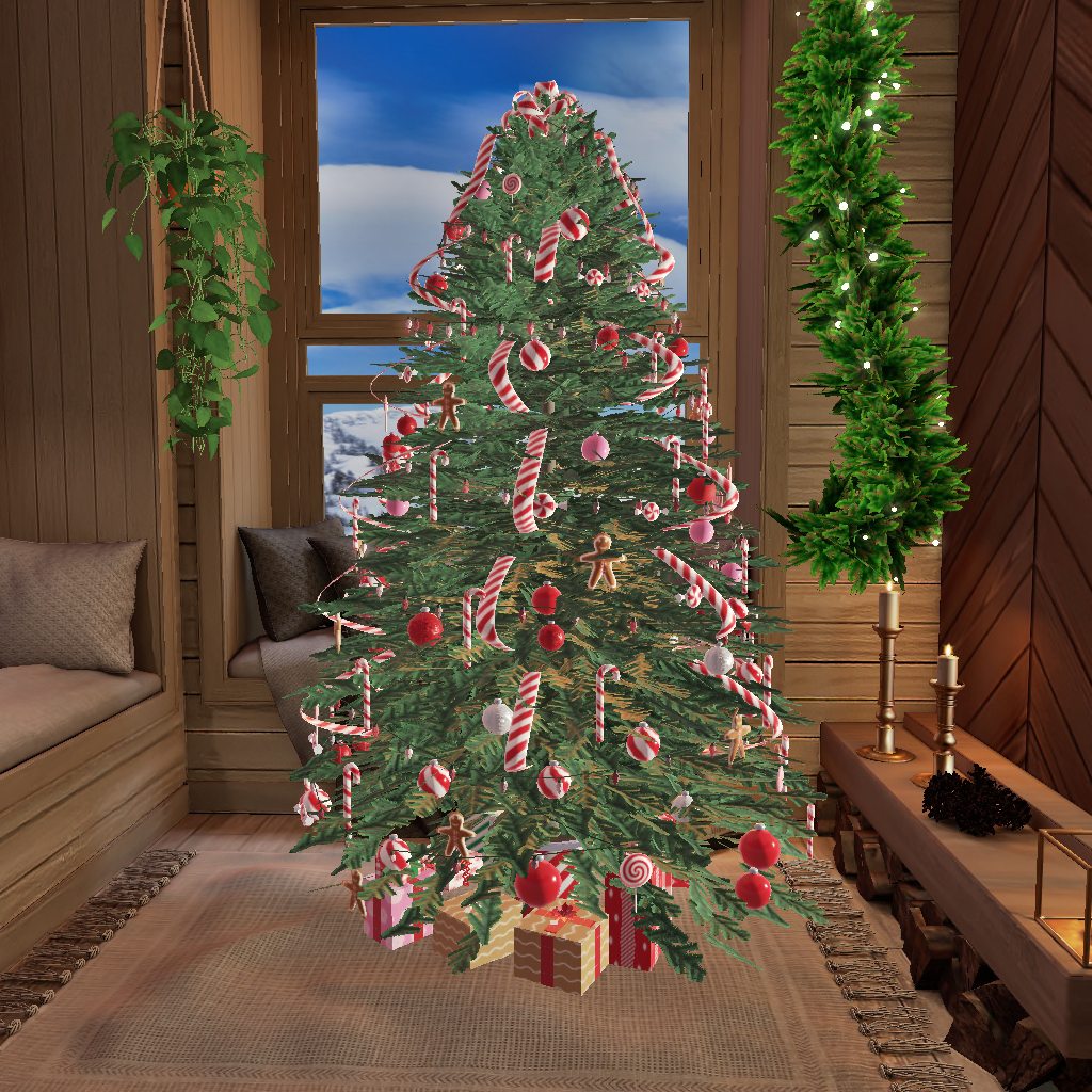 The same tree in its Candy Cane style: red and white canes and baubles