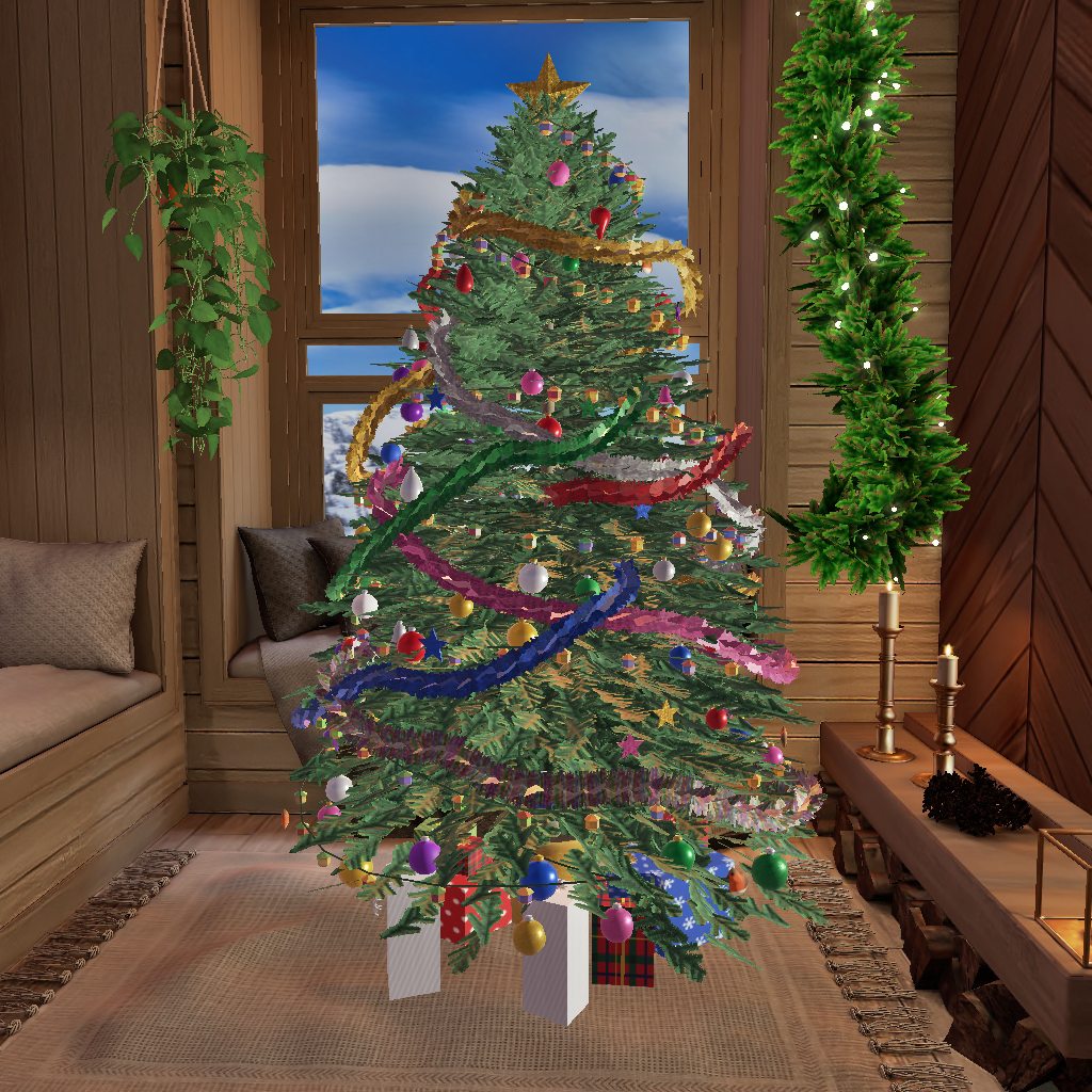 The same tree in its Carnival style: bright tinsel garlands in gold, pink and blue
