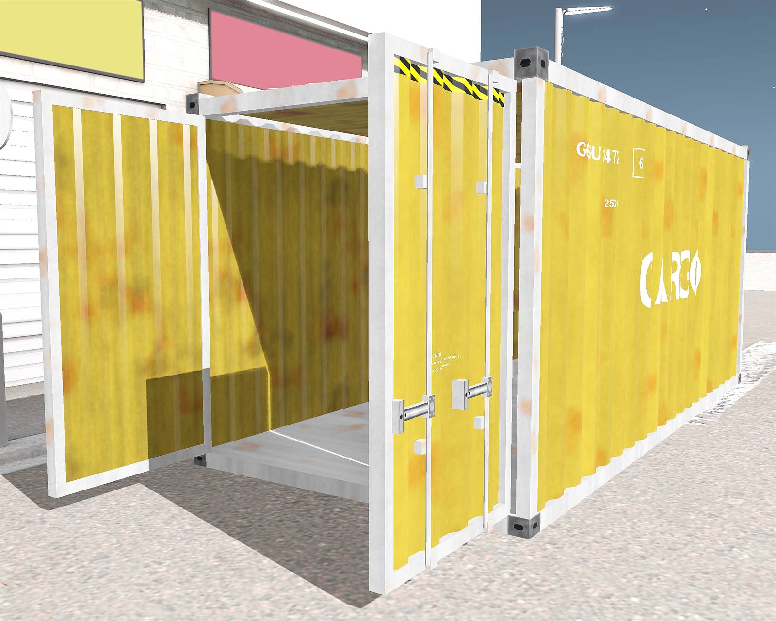 The yellow 20ft shipping container with its doors open, on a town street