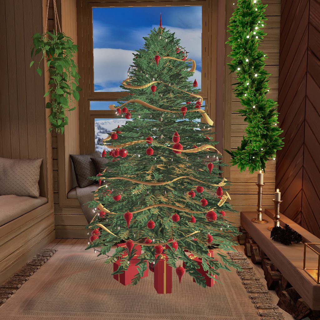 The Artisan Christmas Tree in its Crimson & Gold style, in a log cabin