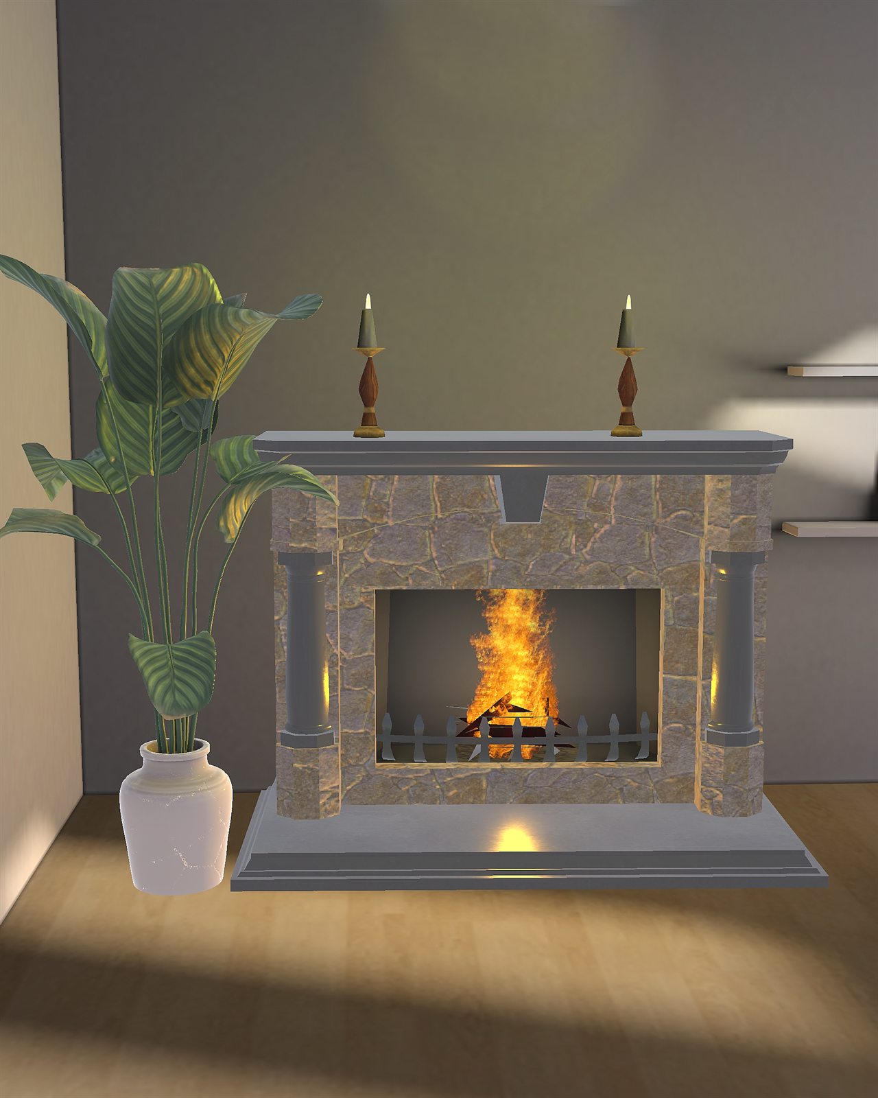 The working fireplace, lit, with candles on the mantel