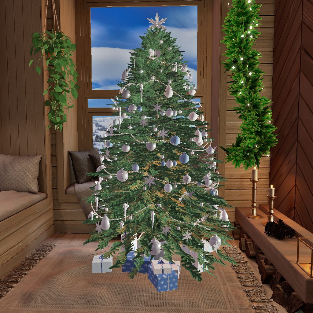 The same tree in its Frost style: silver and white baubles with blue presents