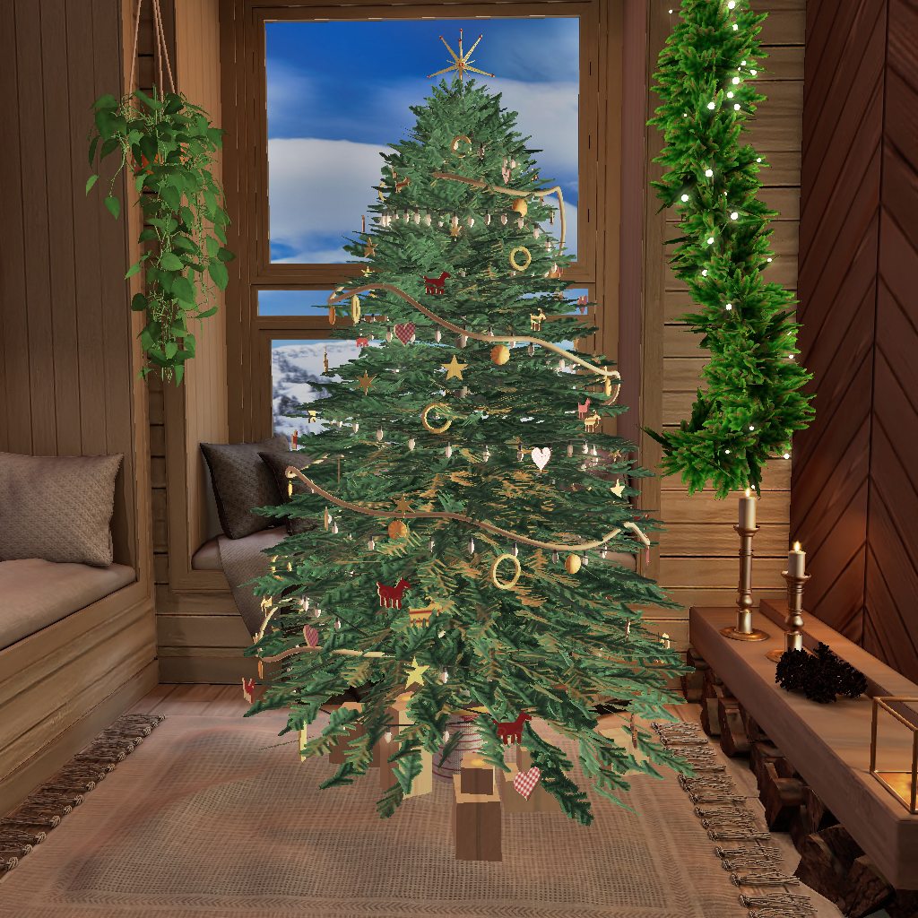 The same tree in its Nordic style: straw ornaments and red Dala horses