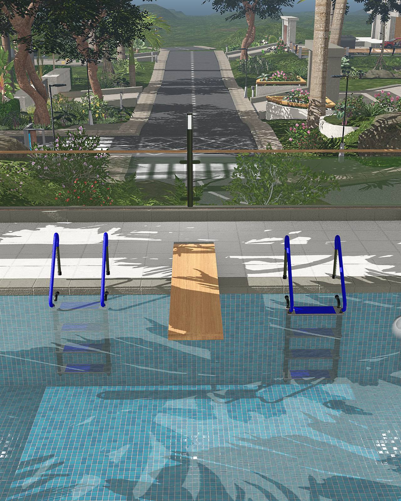 Two pool ladders and a timber diving board from the Accessories Kit, at the edge of a tiled pool