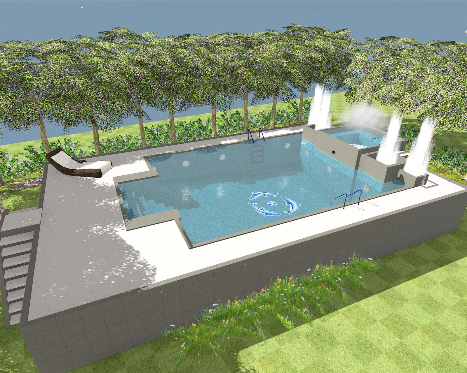 The same Grande II fountain patio in its modern finish: grey tiled walls and white paving