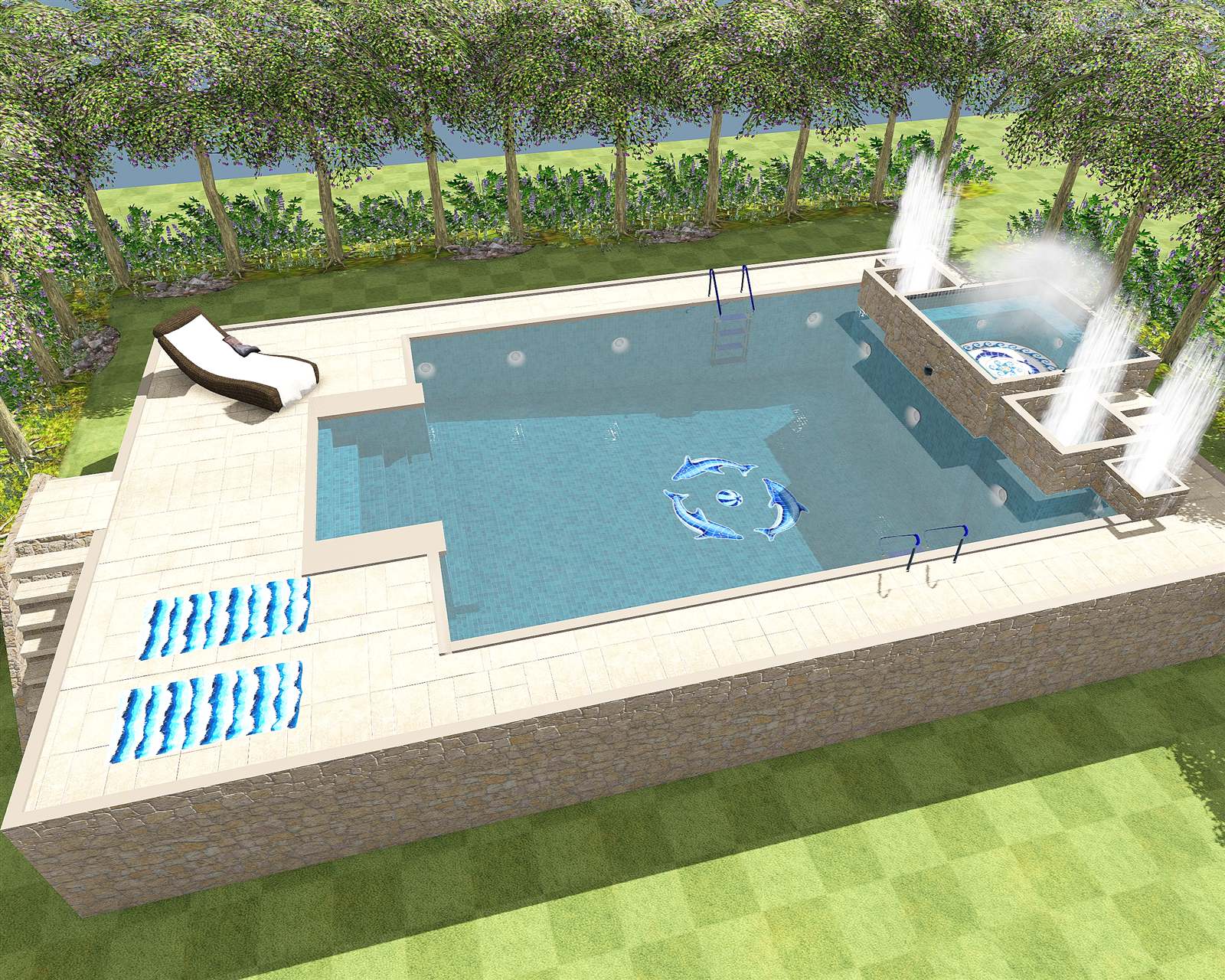 The Grande II fountain patio in its traditional finish: stone walls, cream paving, raised hot tub and dolphin mosaic