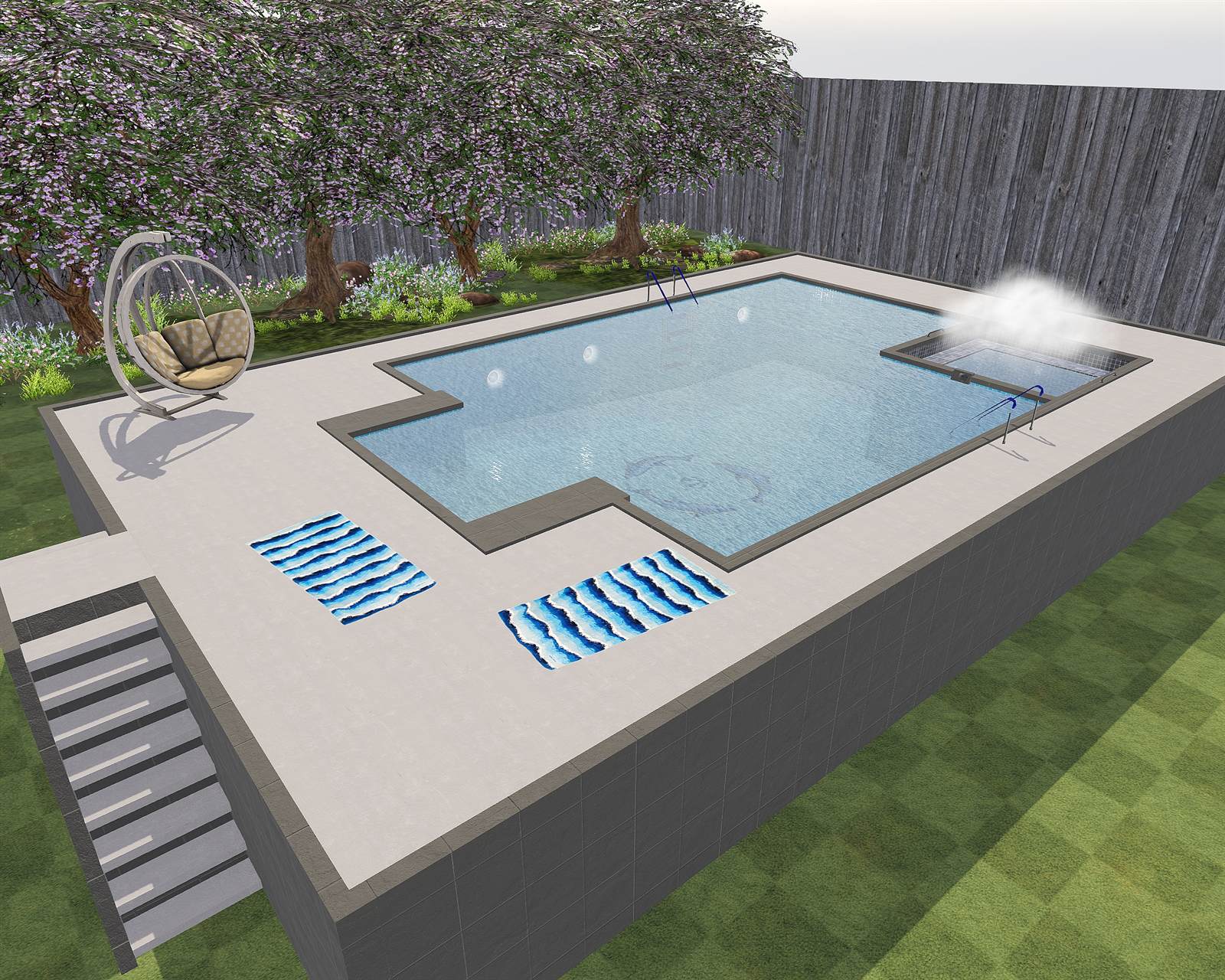 The same Grande III in its modern finish: grey tiled walls and pale paving