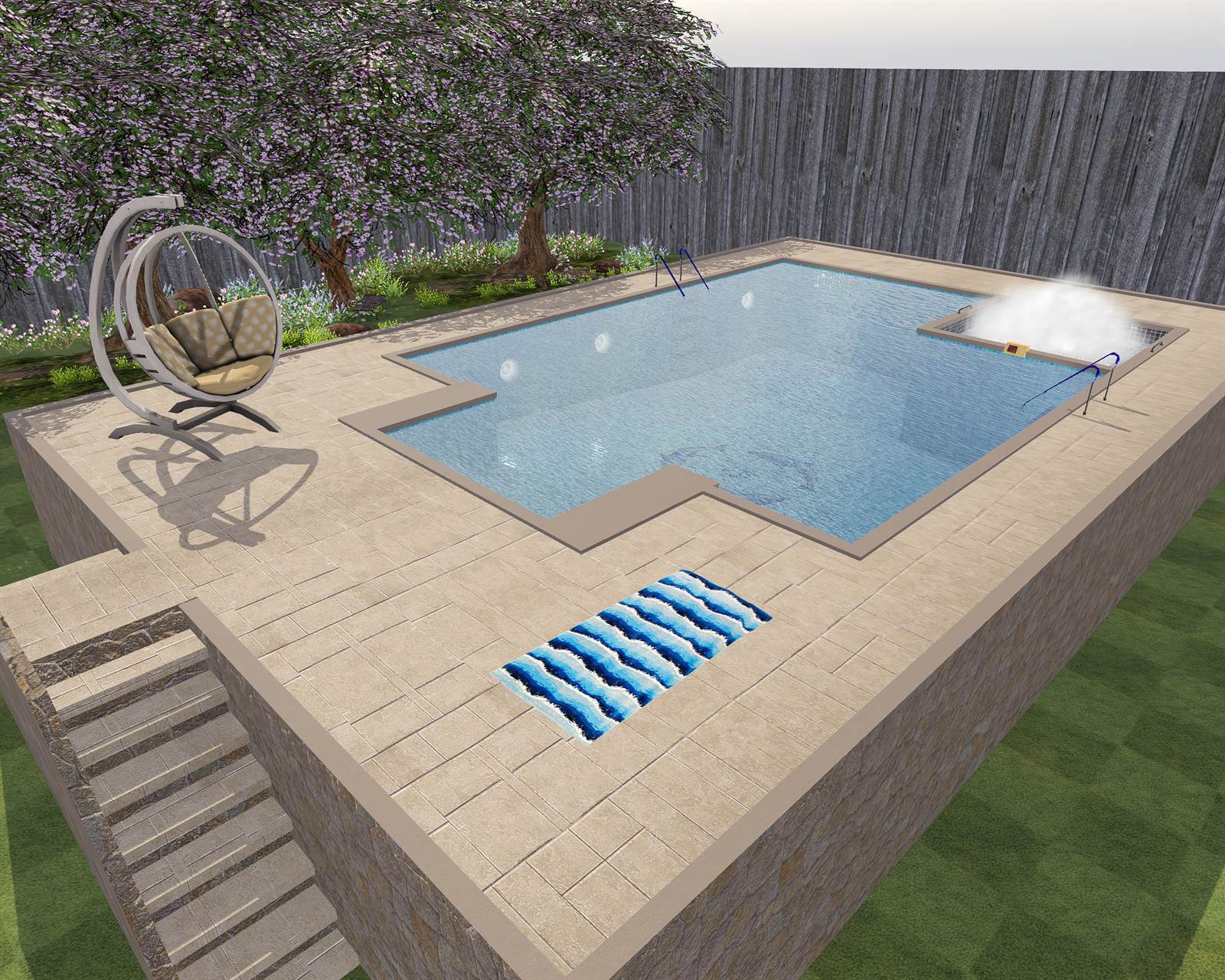 The Grande III pool patio in its traditional finish: raised stone walls, cream paving, steps up and a steaming hot tub