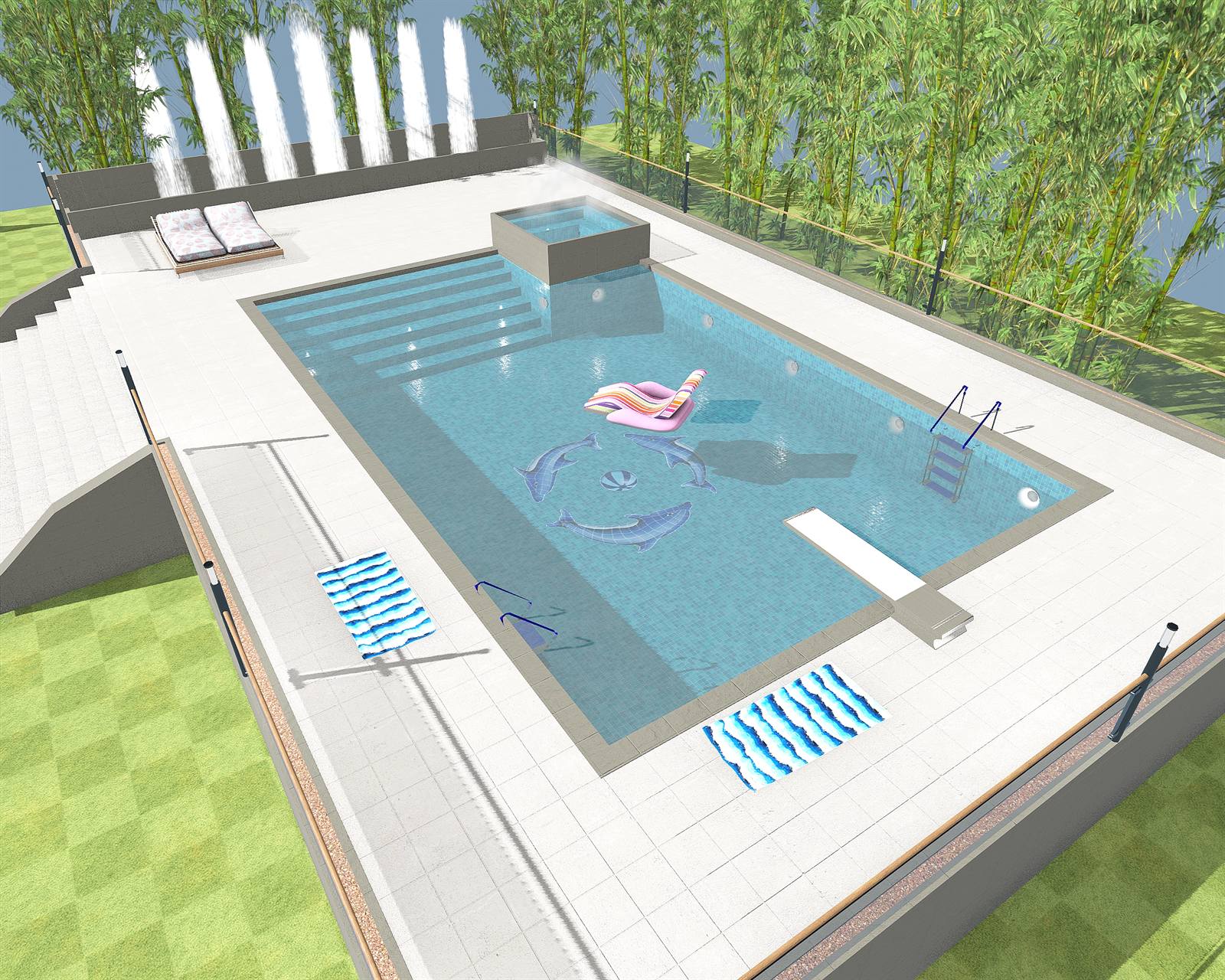 The Grande MX pool patio from above, with a diving board, hot tub, loungers and water features