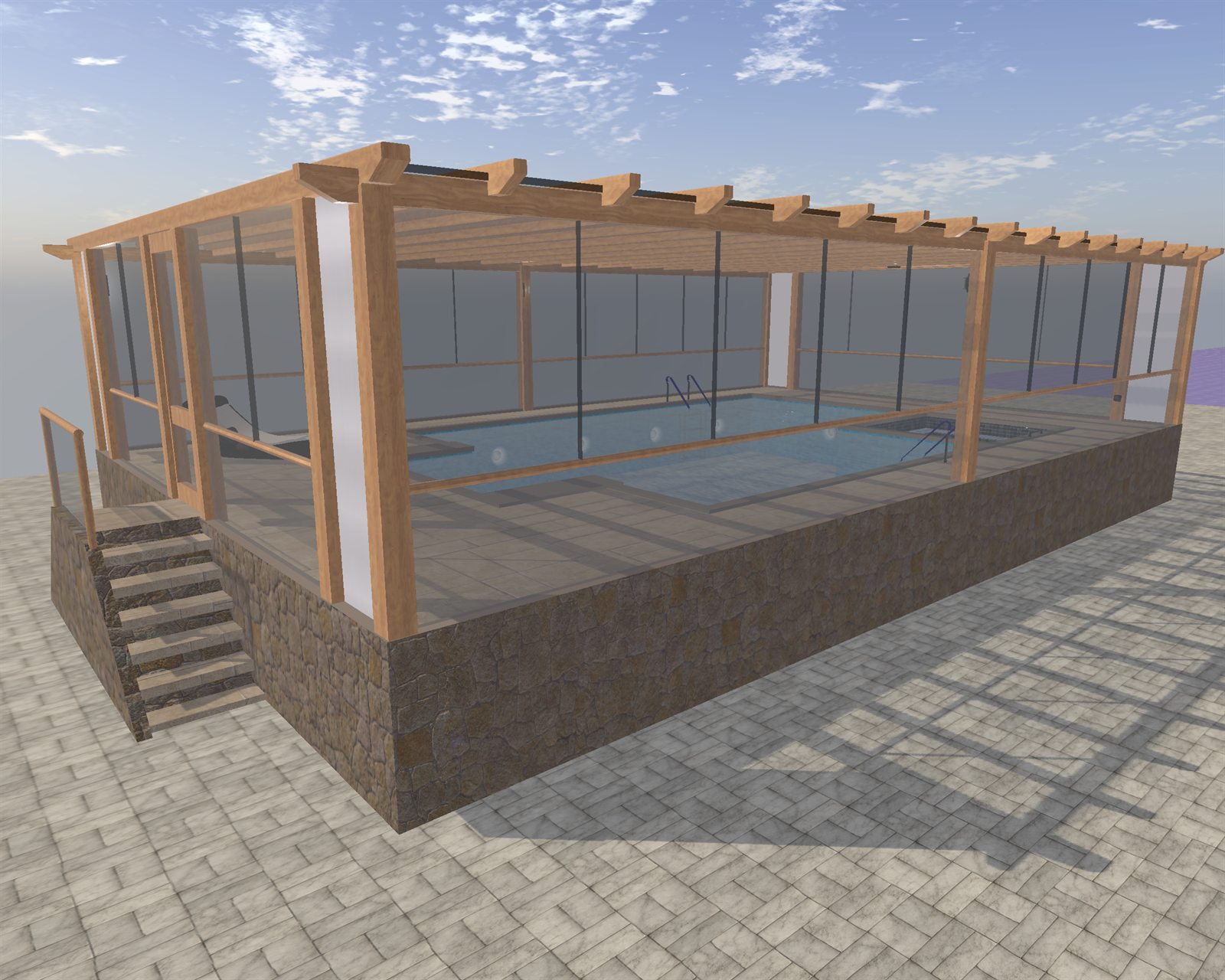 The all-seasons pool and hot tub solarium, glass walls and timber pergola on a stone base