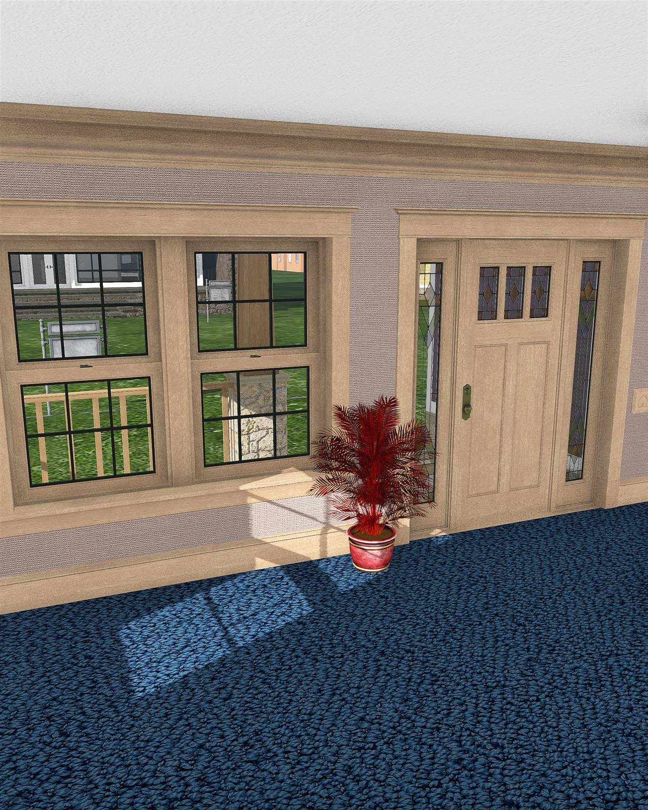 The hallway in the Blueridge interior shell: a glazed front door, timber window frames and a deep blue carpet