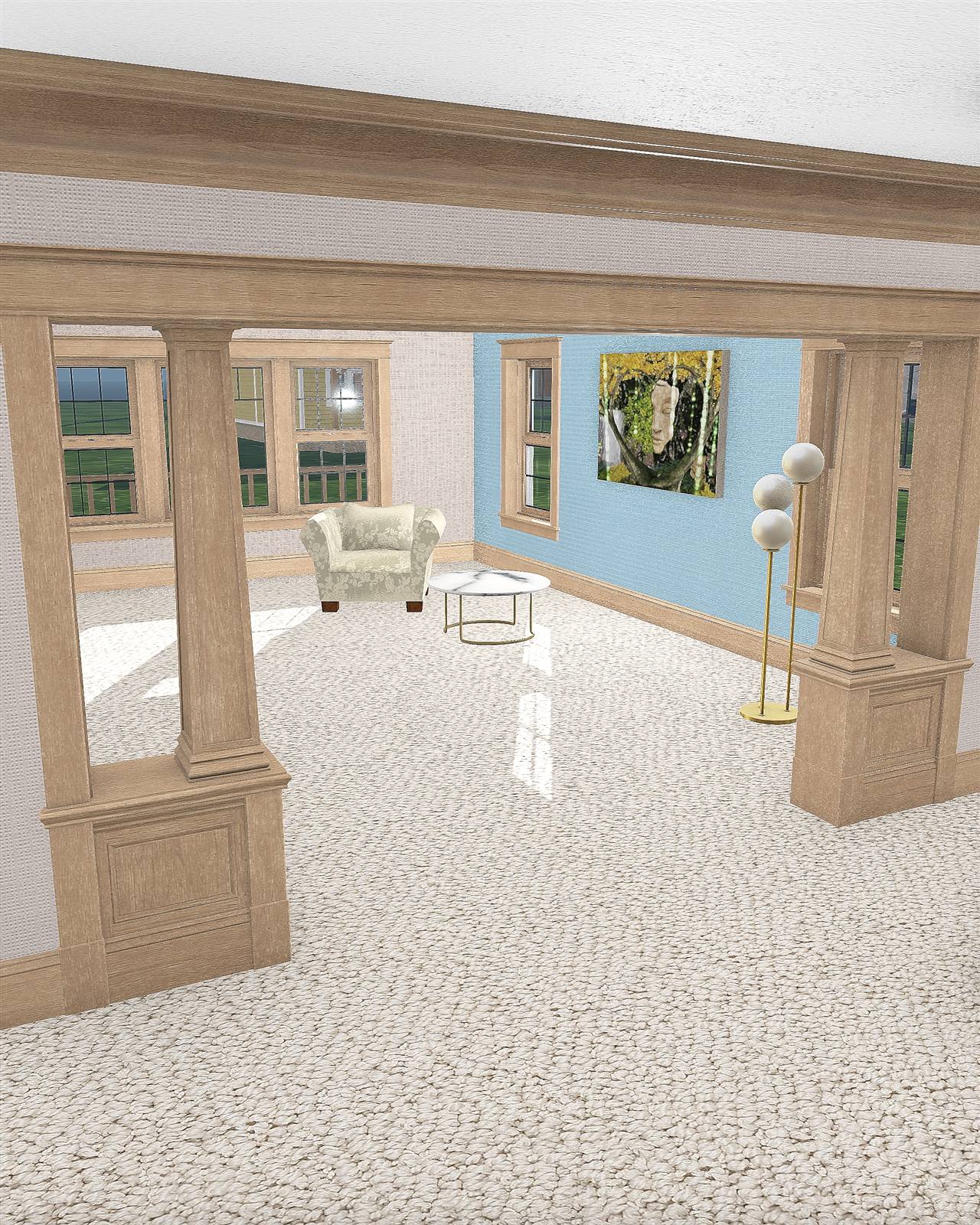 The living room in the Cedarwood interior shell: paired timber columns on panelled bases, a blue feature wall and an armchair by the windows