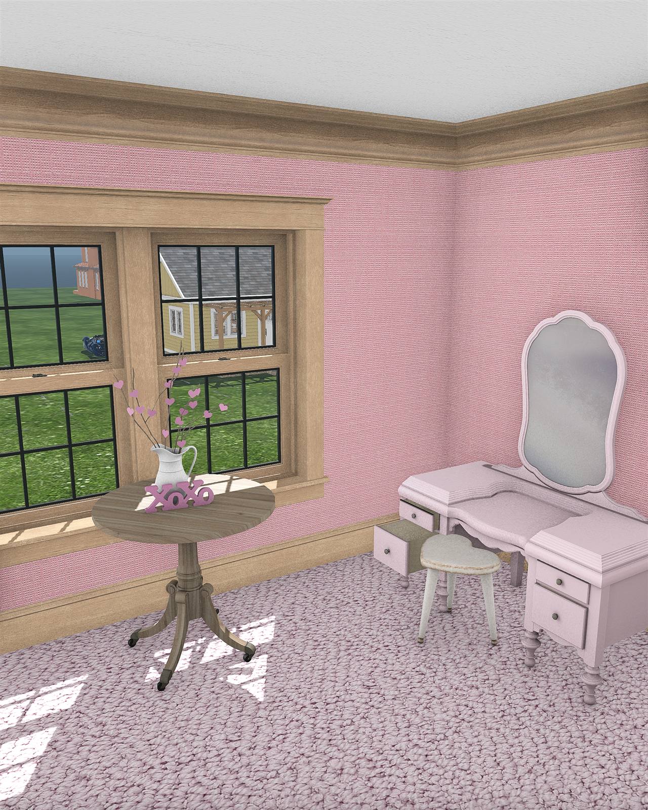 A pink bedroom in the Hazelwood interior shell: timber sash windows and cornice, a vanity table and a small round table in the sunlight