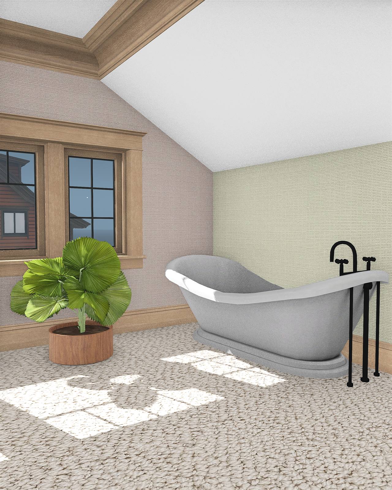 An attic bathroom in the Hollowdale interior shell: a freestanding bath under the sloping ceiling and a potted plant