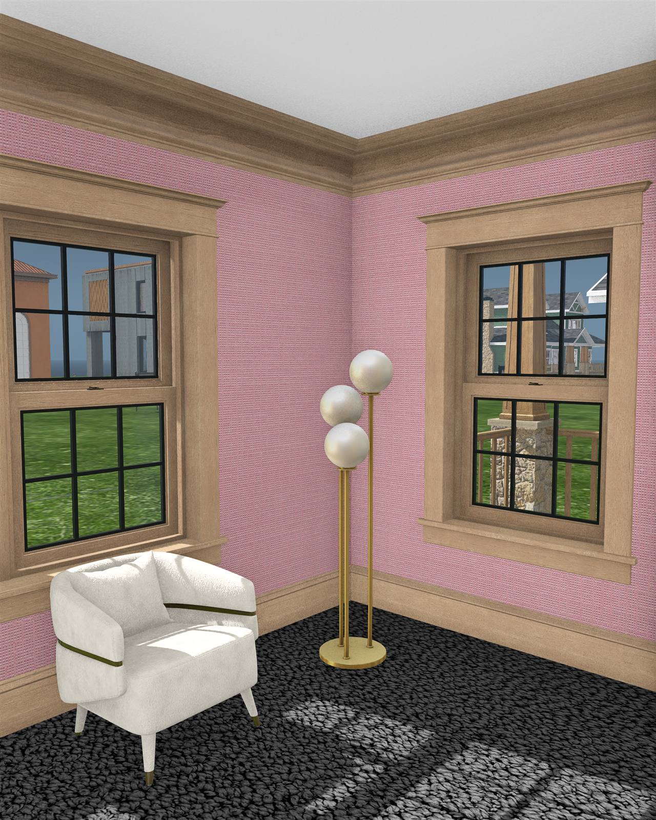 A pink room in the Laurel interior shell: a white armchair and a globe floor lamp between timber-framed windows