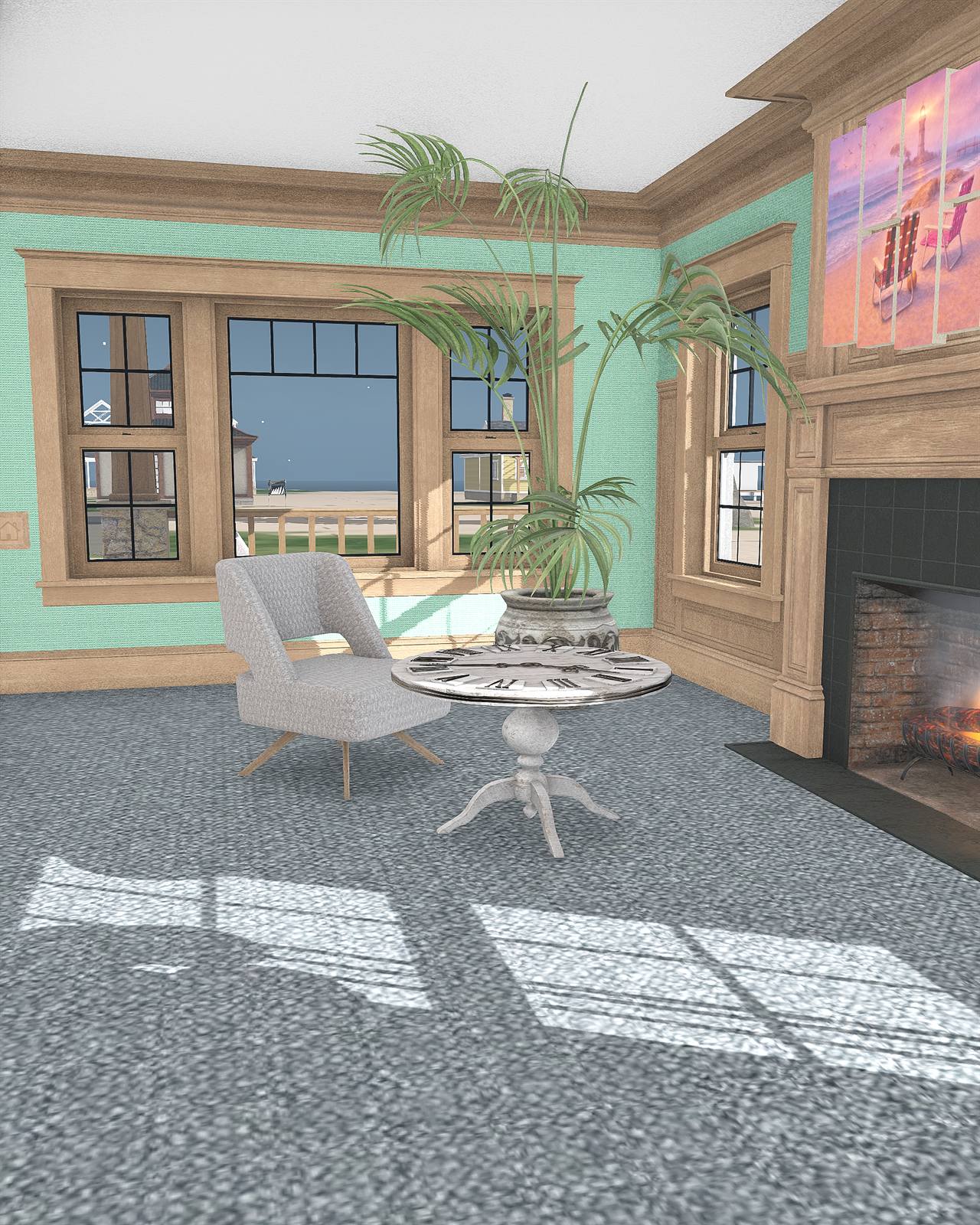 A furnished room in the Meadowbrook interior shell: timber window frames and cornice, mint walls, a working fireplace and sunlight across the carpet