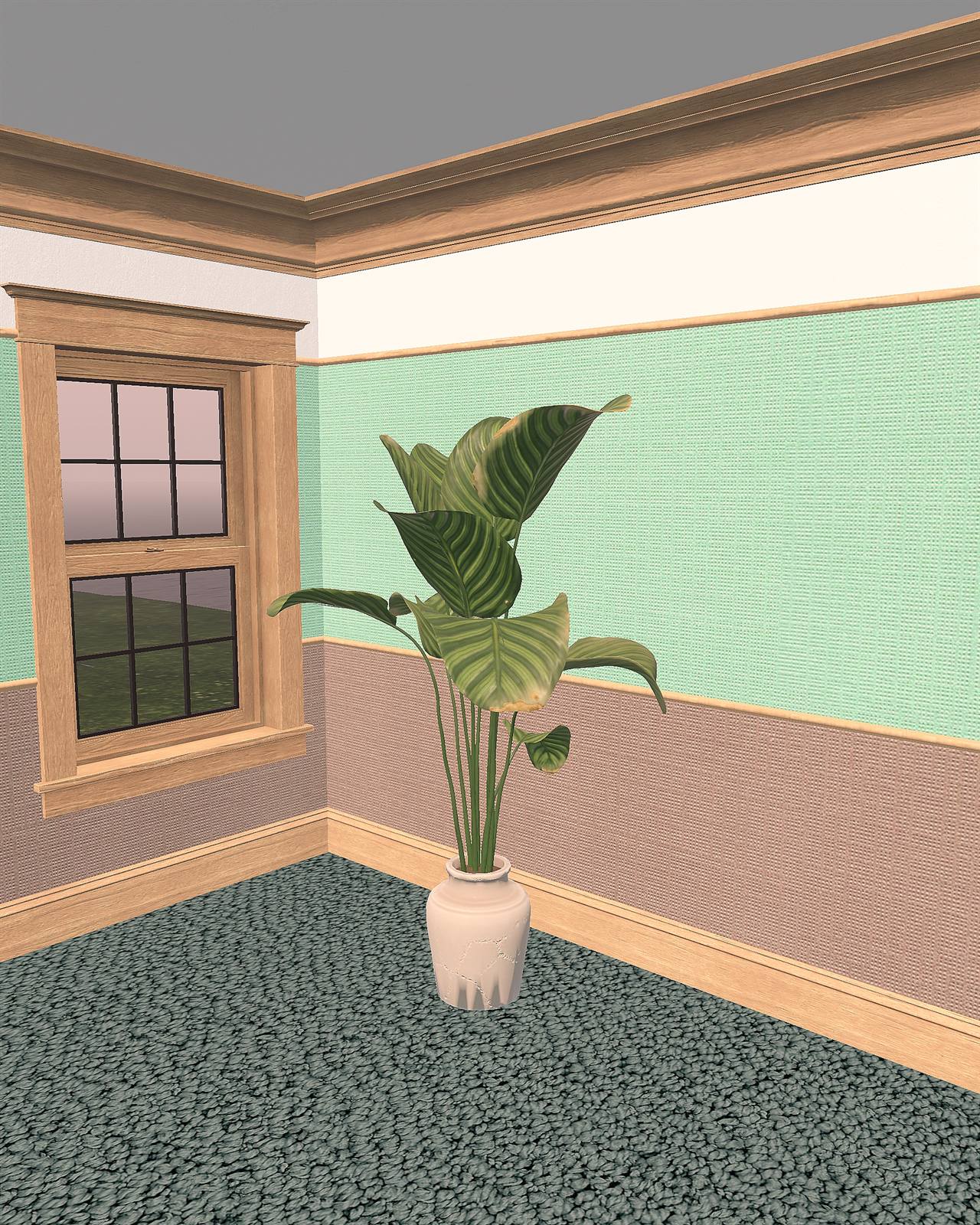 A corner of the Millbrook Classic interior shell: a timber sash window, deep cornice and dado rail over mint and taupe walls, with a tall plant on the carpet