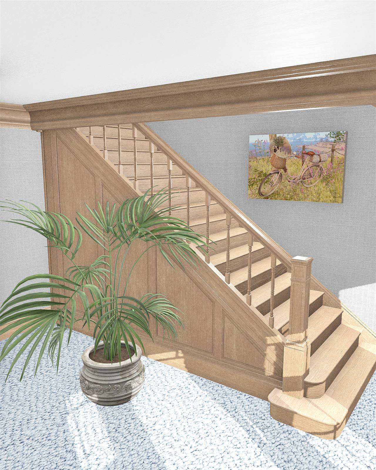 The staircase in the Millbrook interior shell: panelled timber stair, turned spindles and a palm by the newel post