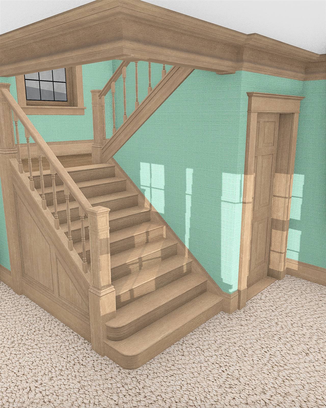 The staircase in the Sunnydale interior shell: panelled timber stair and spindles against a mint green wall