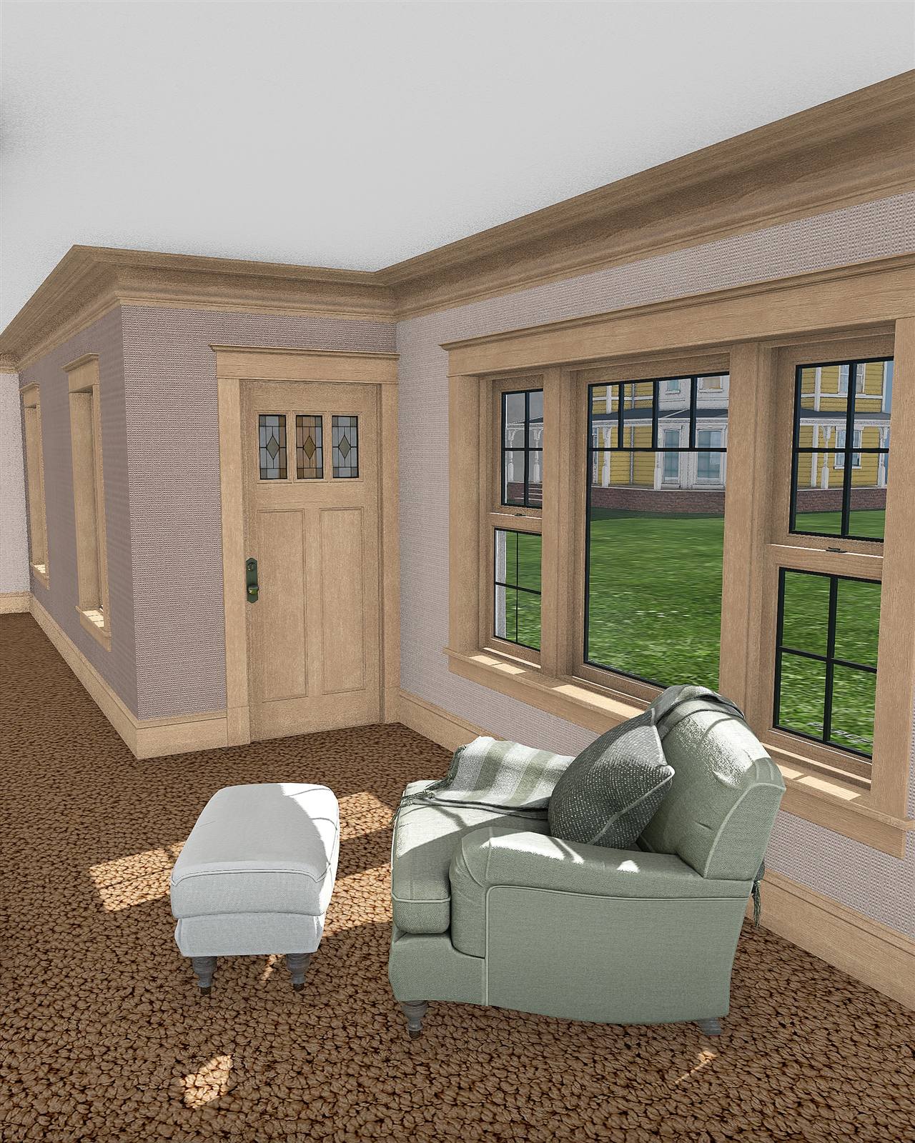 A sitting room in the Sunridge interior shell: an armchair and footstool in the sunlight by tall timber-framed windows